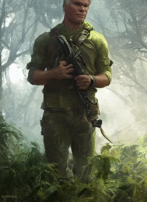 Image similar to portrait of a young richard dean anderson wearing a green combat uniform, in a post apocalyptic city overgrown by plants, by wlop, by greg rutkowski, cover illustration, concept art, volumetric lighting, volumetric atmosphere, sharp focus, octane render, trending on artstation, 8 k