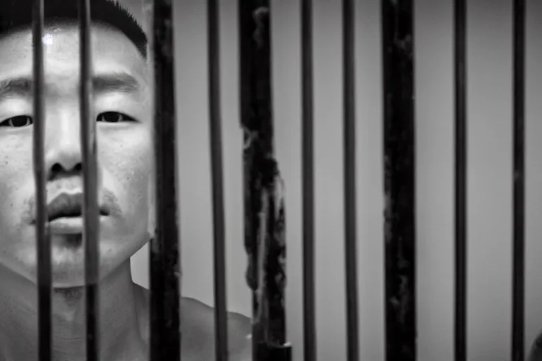 Prompt: an 8 5 mm portrait of a justin sun in prison looking through the bars of his cell, by annie leibovitz, shallow depth of field, cinematic lighting