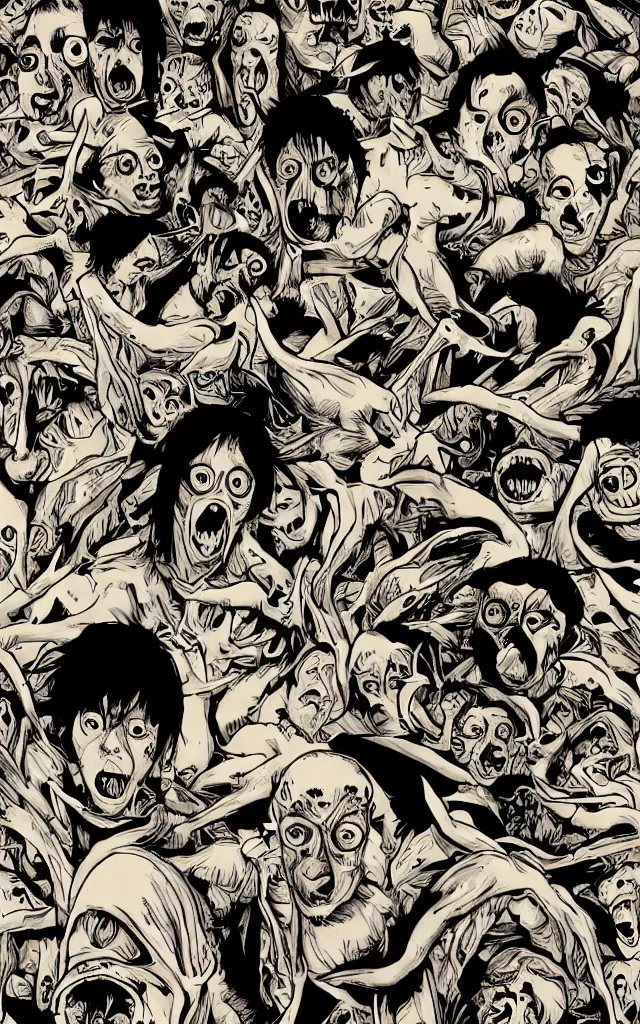 Prompt: Sharknado in the style of junji ito, horror, manga, shark, complex, distorted faces, fish
