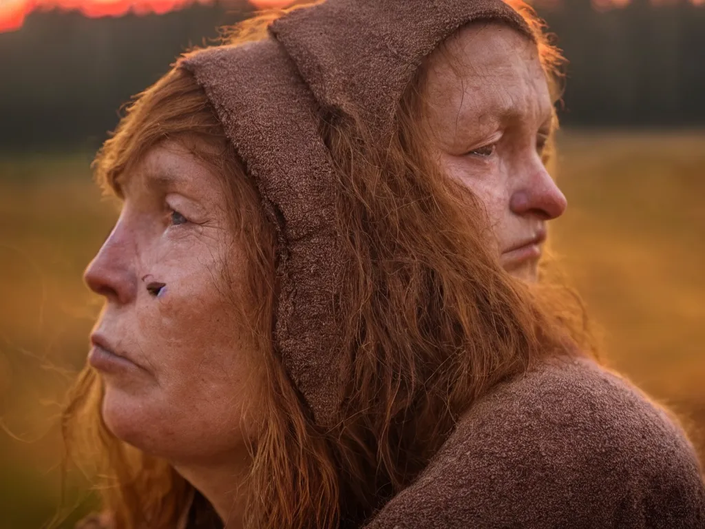 Image similar to close up portrait bust of woman sitting on fence, tired expression, faded color film, russian cinema, tarkovsky, technicolor, heavy forest, wood cabin in distance, shallow depth of field, long brown hair, old clothing, heavy fog, atmospheric haze, brown color palette, sunset, low light, hudson river school, 4 k, dramatic lighting