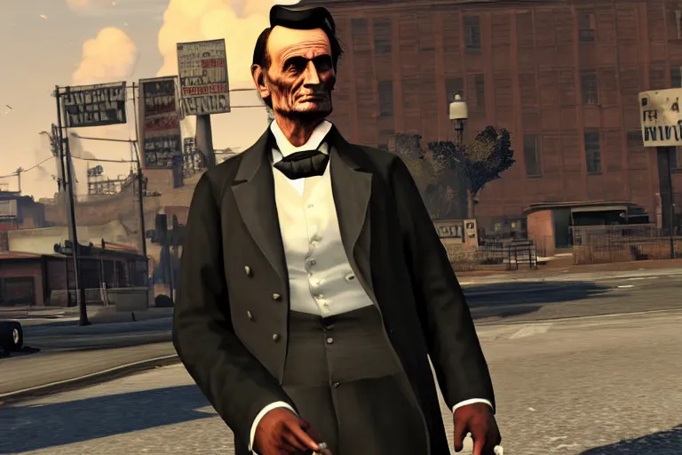 Prompt: president abraham lincoln in grand theft auto v, ps 4, gameplay still