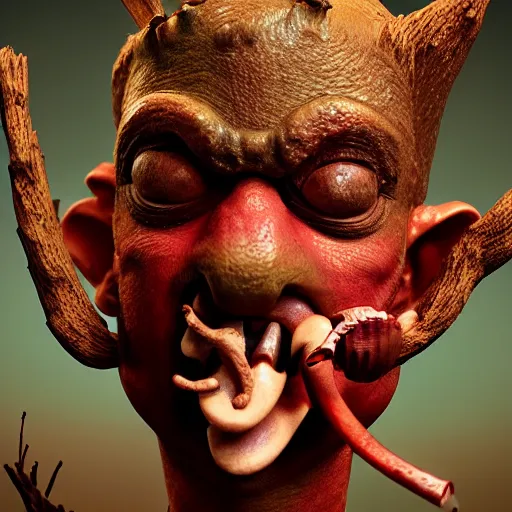 Image similar to Octane render, maya, zbrush, wacom, digital dark fantasy portrait of a wood goblin with shiny red goggles and a twig in his mouth, featured on DeviantArt.com