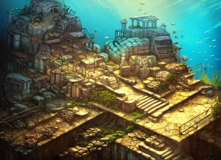 Image similar to ancient ruins favela, underwater environment, scenery, professional, award - winning, trending on artstation, hyper detailed, realistic, beautiful, emotional, shiny, golden, picture