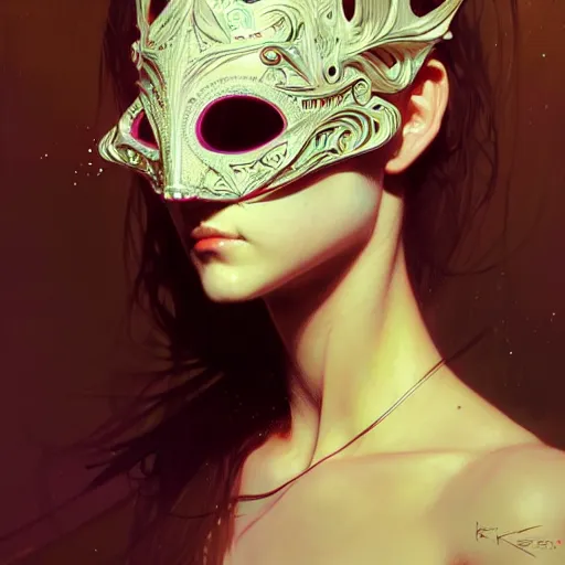 Image similar to A girl wearing a rave mask, face, detailed, intricate, elegant, highly detailed, digital painting, artstation, concept art, smooth, sharp focus, illustration, art by Krenz Cushart and Artem Demura and alphonse mucha