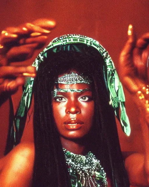 Prompt: the image is a lost hollywood film still 1 9 9 0 s photograph of a guardian priestess black woman with dark brown skin, long, swirling black hair, and jade colored eyes, dancing in a ballroom. vibrant cinematography, anamorphic lenses, crisp, detailed image in 4 k resolution.