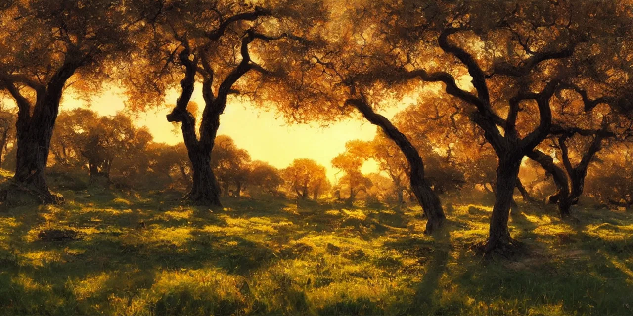 Prompt: a beautiful, stunning landscape with giant oak trees in spring during sunset by craig mullins