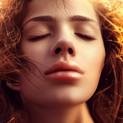 Image similar to a very beautiful still of a beautiful brown - haired woman with her head leaning backwards, golden, eyes closed, front shot, very close - up, hyper detailed, high contrast, bokeh background, realistic, digital art by irakli nadar, sharp focus, golden, delicate, sunlight, dark background, 4 k