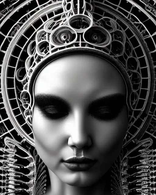 Image similar to mythical black and white organic bio-mechanical spinal ribbed profile face portrait detail of mechanical beautiful female angelic-vegetal-cyborg, highly detailed, intricate steampunk ornate, poetic, 3D render, digital art, octane render, 8K artistic photography, photo-realistic, by Dora Maar