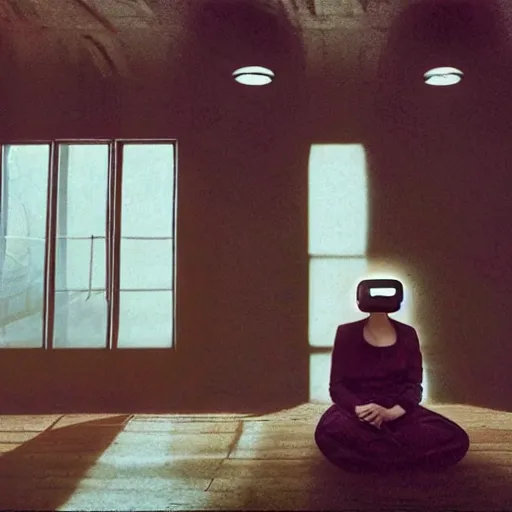 Image similar to photo of a woman in vr headset sitting in cyberpunk room behind the window, by annie leibovitz