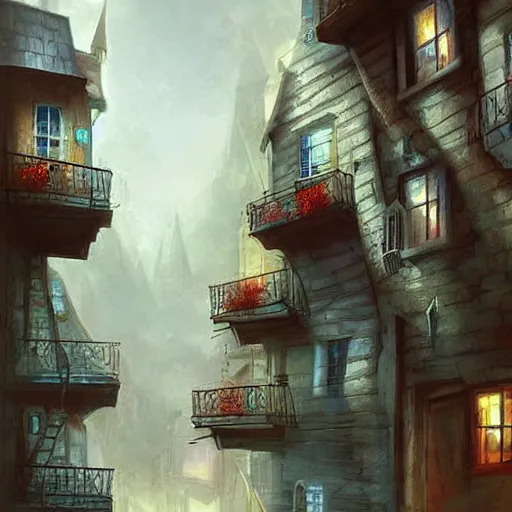 Image similar to narrow street between houses, fantasy art, concept art, high detail