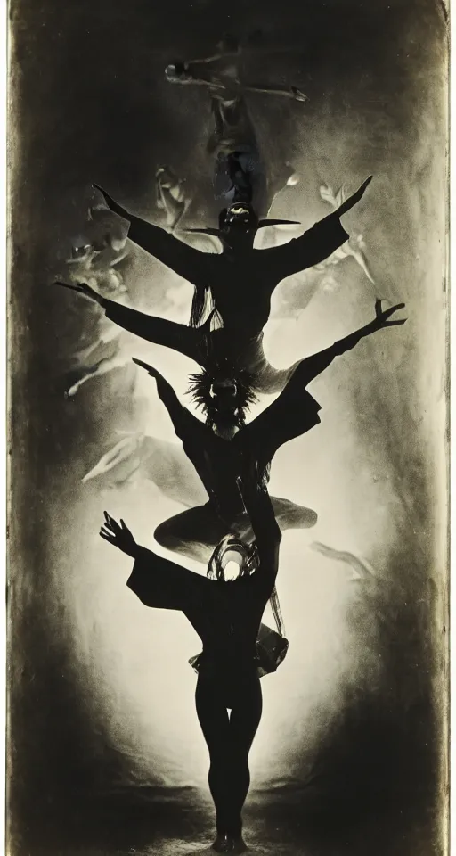 Image similar to wet plate photograph, portrait of olivia newton john cheerfully performing satanic occult dance rituals, alistaire crowley drawings in the background, 1850