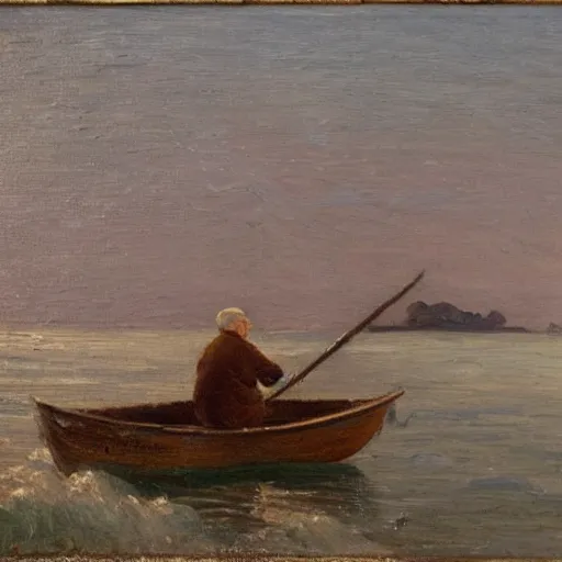 Prompt: old fisherman at work on his boat. early morning. late 1 9 th century. oil on canvas.