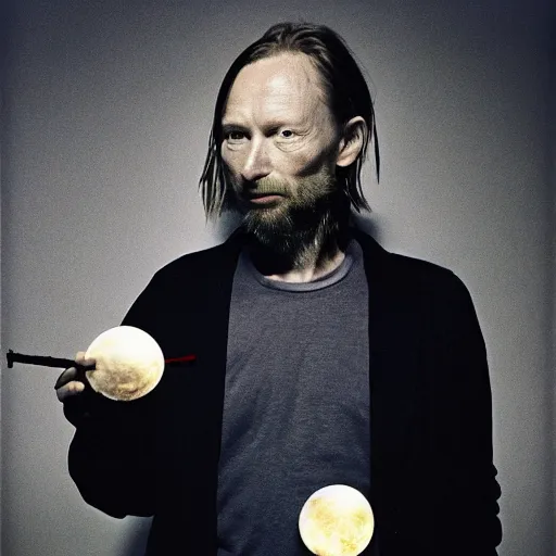 Prompt: aged Thom Yorke, Radiohead singer Thom Yorke, holding the moon upon a stick, with a beard and a black jacket, a portrait by John E. Berninger, dribble, neo-expressionism, uhd image, studio portrait, 1990s
