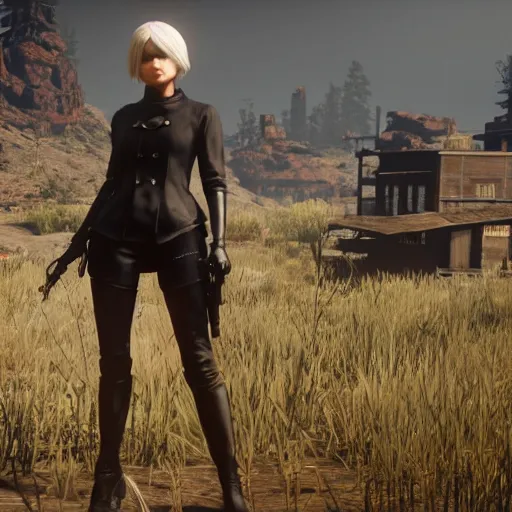 Prompt: Film still of 2B nier automata from Red Dead Redemption 2 (2018 video game)