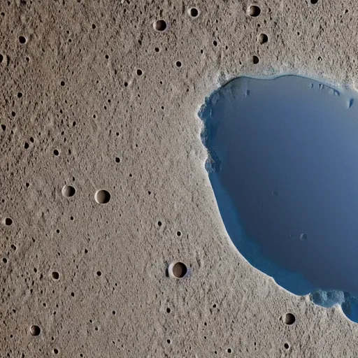 Image similar to A lake filled with water on the Moon's surface, the photo was taken from the Moon's surface looking at the lake in a white rocky desert, realistic, ultra high detail, 8k.