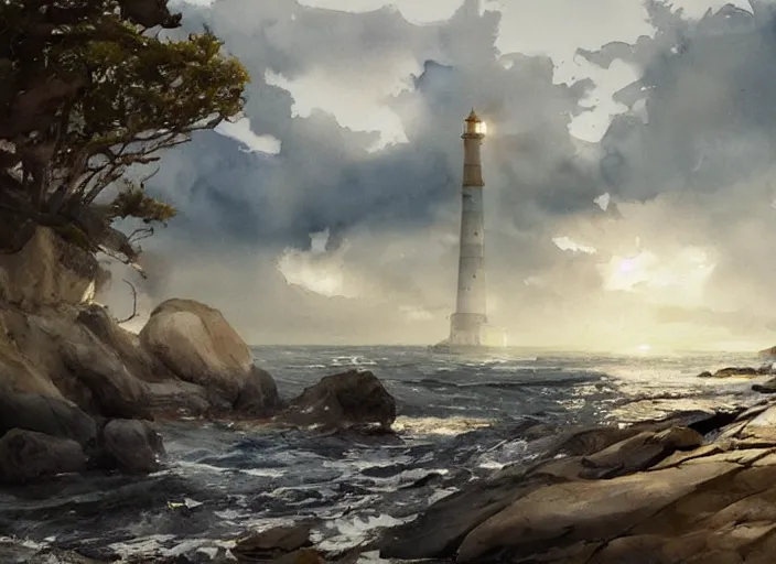 Prompt: abstract watercolor painting of wild wavy ocean, oak trees, rocky shore, sunshine, lighthouse in horizon, art by anders zorn, wonderful masterpiece by greg rutkowski, beautiful cinematic light, american romanticism by greg manchess, creation by tyler edlin