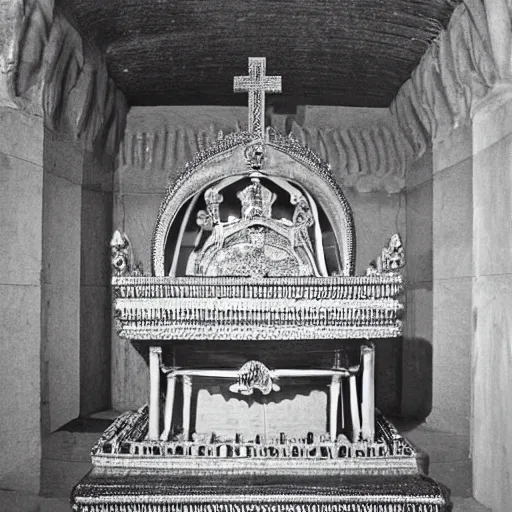 Prompt: the crypt of a king which presents his body encased in diamond and sitting on his throne. the tomb is ornate and the body is visible and unblemished