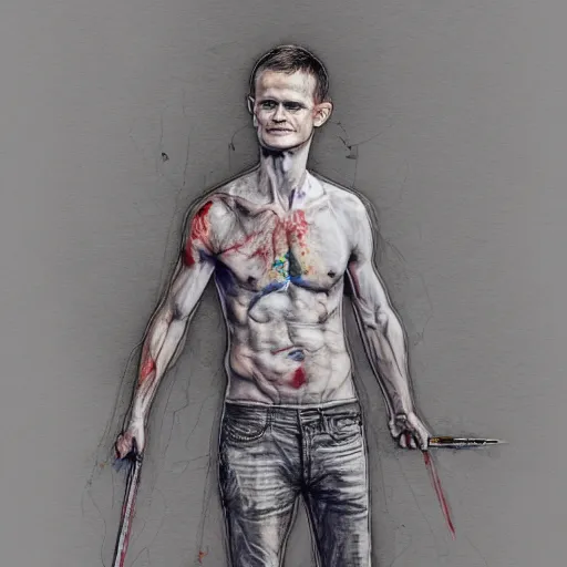 Prompt: full body sketch of vitalik buterin, perfect anatomy, full body, watercolor background, pencil art, ink and pencil, hyperrealistic, hyperdetailled, digital art, greg rutkowski, artstation, 8 k, beautiful drawing, paper texture, spray paint, watercolors