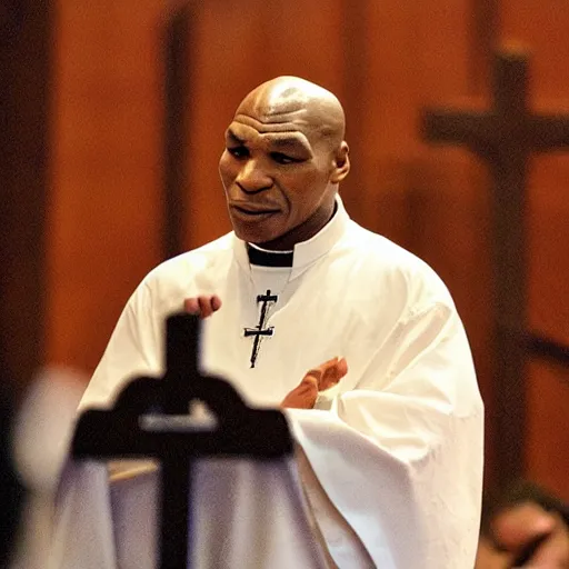 Image similar to Mike Tyson as a catholic priest praying over his congregation