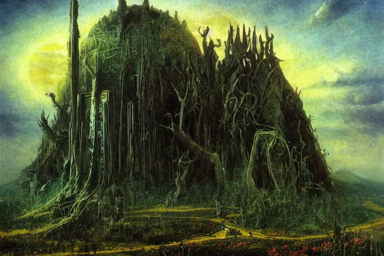 Prompt: neo - atlantean hyperborean overgrown steppe cybernetic cathedral by caspar friedrich, albert bierstadt, james gurney, brian froud