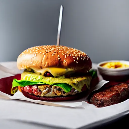 Image similar to a delicious cheeseburger, food photography