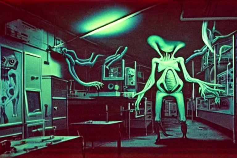 Image similar to a scary filmic wide shot color ground level angle movie still 35mm film photograph of the full body of a dangerous shape shifting alien creature, with multiple mutated snarling drooling human faces with a grotesque variety of human and animal limbs protruding from its lower torso inside of a 1970s science lab, neon lights, dirty, ektachrome photograph, volumetric lighting, f8 aperture, cinematic Eastman 5384 film