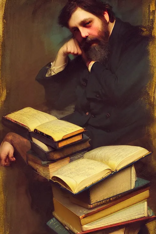 Image similar to soft colorsphotograph imax and solomon joseph solomon and richard schmid and jeremy lipking victorian loose genre loose painting full stack of books, bookish, book lover