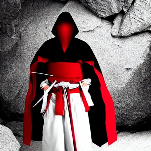 Image similar to samurai cloaked in white with swords, standing in light beam of a dark cave, ruby red sorrow, high quality, ultra detail,