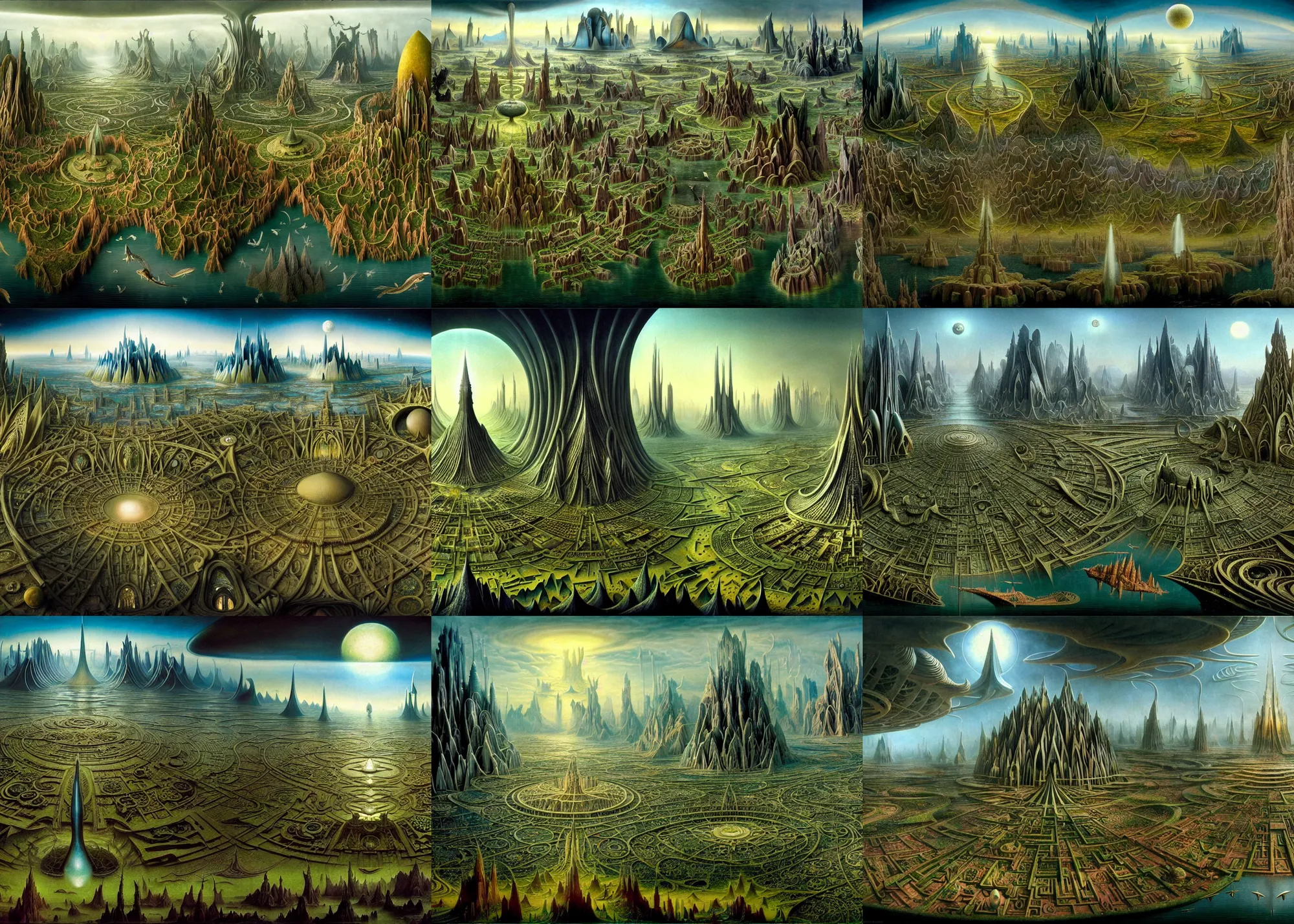 Prompt: a beautiful and insanely detailed matte painting of an advanced sprawling civilization with surreal architecture designed by Heironymous Bosch and Jim Burns, mega structures inspired by Heironymous Bosch's Garden of Earthly Delights, stunning sci-fi concept art, masterpiece!!, grand!, imaginative!!!, intricate details, sense of awe, elite, featured on artstation, award winning
