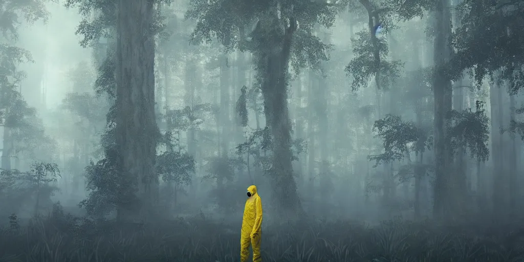 Image similar to a mysterious man in a yellow hazmat suit stands in a detailed fantastic forest, painting, concept - art, rendering, octane, redshift, cinematic composition, volumetric lighting