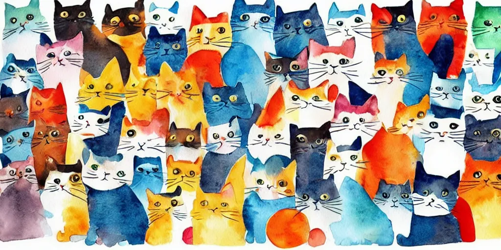 Image similar to watercolor illustration style, cute! cats!!! chose different coloured geometric toys, inspiring art