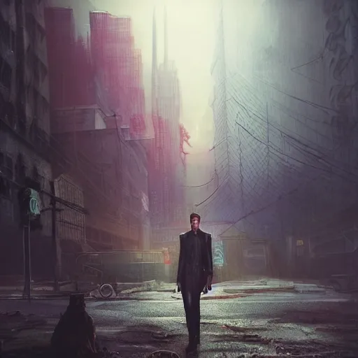 Image similar to fallout 5, charismatic david bowie, portrait, outdoors ruined cityscape, atmospheric lighting, painted, intricate, volumetric lighting, beautiful, daytime, sunny weather, slight overcast, sharp focus, deep colours, ultra detailed, by leesha hannigan, ross tran, thierry doizon, kai carpenter, ignacio fernandez rios