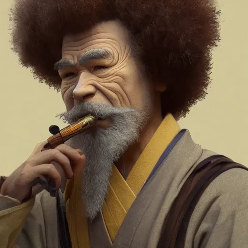 Image similar to an ultra detailed matte painting of bob ross smoking a pipe and dressed as a wandering ronin samurai, edo japan, concept art by jeong seon and alphonse mucha and greg rutkowski, octane render, 8 k, detailed face