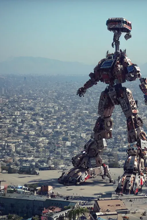 Image similar to cinematography of giant Mech on Santa Monica peer By Emmanuel Lubezki