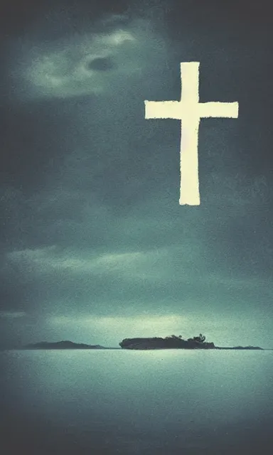 Image similar to upside - down cross rising out of a calm and serene!! ocean, album cover, relaxing tones, muted tones, expressionist, minimalist,