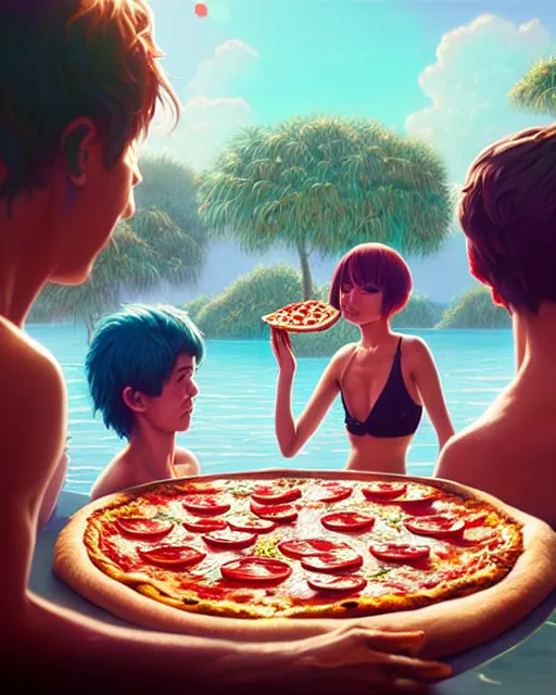 Prompt: highly detailed surreal vfx portrait of a pizza pool party, stephen bliss, unreal engine, greg rutkowski, loish, rhads, beeple, makoto shinkai and lois van baarle, ilya kuvshinov, rossdraws, tom bagshaw, global illumination, detailed and intricate environment