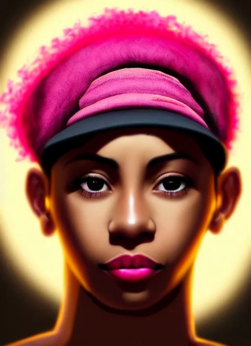 Image similar to portrait of teenage vanessa morgan with bright pink hair, black girl, vanessa morgan, curly pixie cut hair, wearing newsboy cap, newsboy cap, hoop earrings, intricate, elegant, glowing lights, highly detailed, digital painting, artstation, concept art, smooth, sharp focus, illustration, art by wlop, mars ravelo and greg rutkowski