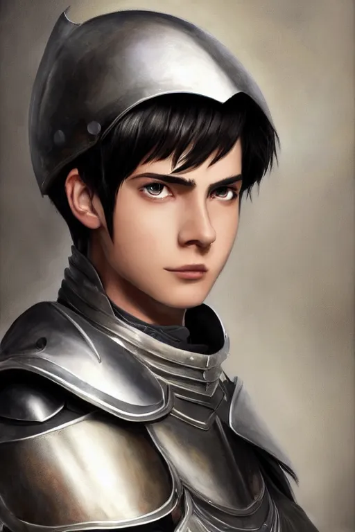 Image similar to a male teenager wearing a silver plate armor, short black hair, artgem style, fancy lighting, complementary colours, face portrait, harmonious, soft colors, digital painting, masterpiece, realistic and detailed face, color painting, realistic, highly detailed, high quality, portait picture, anatomically correct, pixar and disney style, anime style
