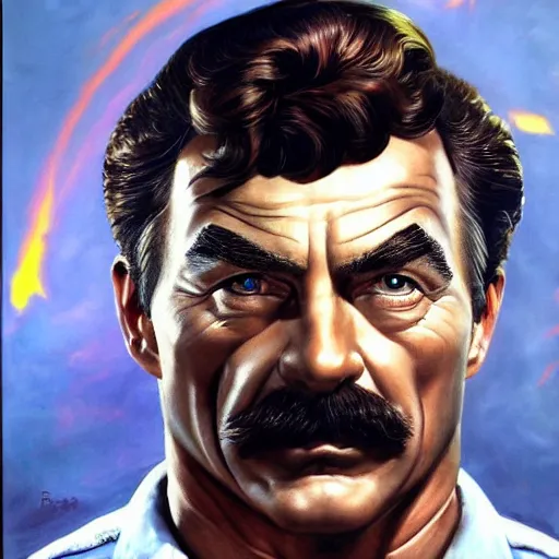 Prompt: ultra realistic portrait painting of tom selleck as vault boy, art by frank frazetta, 4 k, ultra realistic, highly detailed, epic lighting