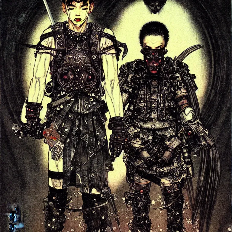 Image similar to cursed illustration of beautifully ominous cyberpunk warrior, manga style of kentaro mirua, by norman rockwell, weirdcore