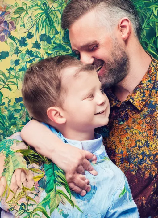 Prompt: half-lenght portrait of a father with a beautiful child, smiling at each other, wearing a shirt overgrown by maximalist baroque rococo mixed media plants. vibrant textures. matte matte background in pastel tones. HD 8x