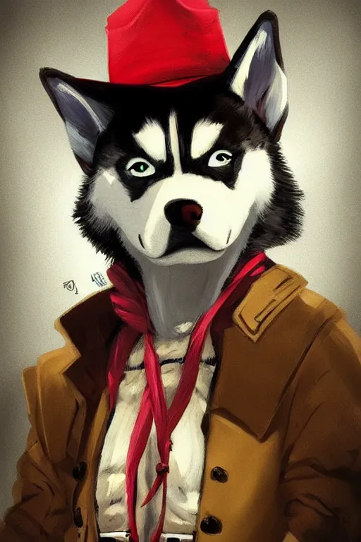 Image similar to a portrait painting of a husky in cowboy costume in the style of anime, character design, a fistful of dollars, per un pugno di dollari, treniding on artstation