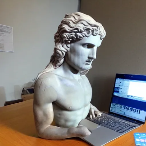 Image similar to epic greek marble statue of a thin tall man, shaved, with very long hair, coding on a laptop