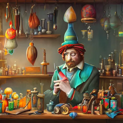 Image similar to Anthropomorphized parrot trader in his shop, wares, portrait, items, magic potions, carpet, window, fancy hat, sly expression , cunning expression, cute expression, presenting wares, D&D, fantasy, cinematic lighting, highly detailed, digital painting, artstation, concept art, smooth, sharp focus, illustration, warm light, cozy warm tint, magic the gathering artwork, volumetric lighting, 8k, art by Akihiko Yoshida, Greg Rutkowski