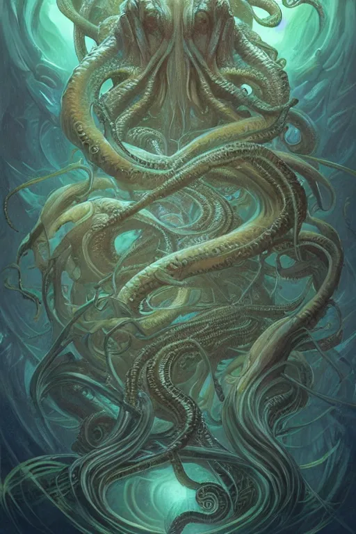 Prompt: Cthulhu in deep sea with deep ones, COC, fantasy, intricate, highly detailed, digital painting, artstation, concept art, smooth, sharp focus, illustration, art by artgerm and greg rutkowski and alphonse mucha