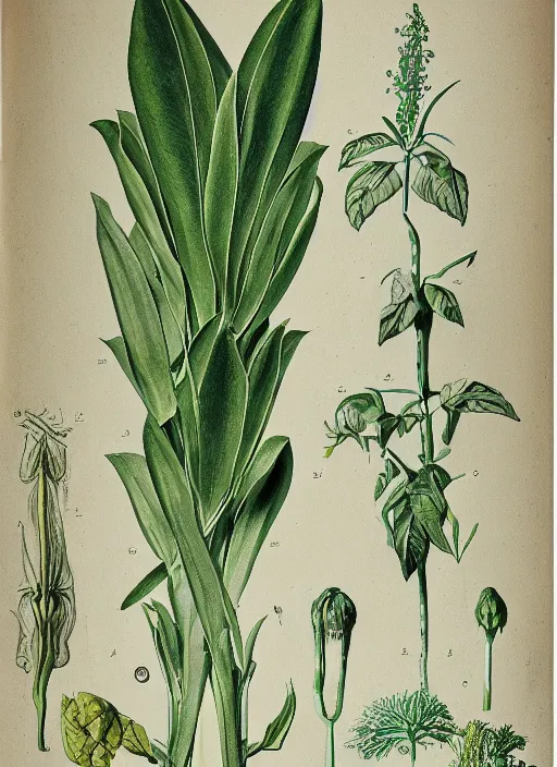 Image similar to fantasy scientific botanical illustration of a green tall plant walking around with human legs