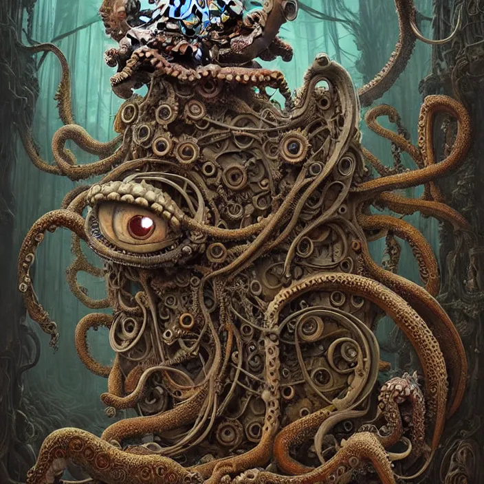 Image similar to biomechanical creature with big octopus head and ( glowing ) eyes guarding an ancient chest in a mystic swamp, gothic and baroque, brutalist architecture, ultradetailed, intricate by ellen jewett and josan gonzalez and giuseppe arcimboldo