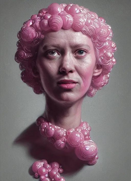 Prompt: portrait of the bubble gum kimg made entirely of [ [ bubble gum ] ], highly detailed, intricate, by greg rutkowski, james gurney, wlop, ( ( ( rembrandt ) ) ), artgerm