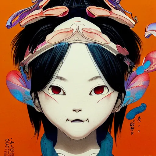 Image similar to prompt : yokai portrait soft light painted by james jean and katsuhiro otomo and erik jones, inspired by evangeleon anime, smooth face feature, intricate oil painting, high detail illustration, sharp high detail, manga and anime 1 9 9 9