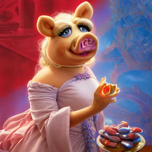 Image similar to Epic Masterpiece wide angle shot of MIss Piggy as Morpheus offering red pill and blue pill, mirror shades, drawn by Donato Giancola and Tom Bagshaw, Edmund Leighton, Alphonse Mucha, 4k, volumetric lighting, komorebi, trending on artstation, octane render, hyperrealistic